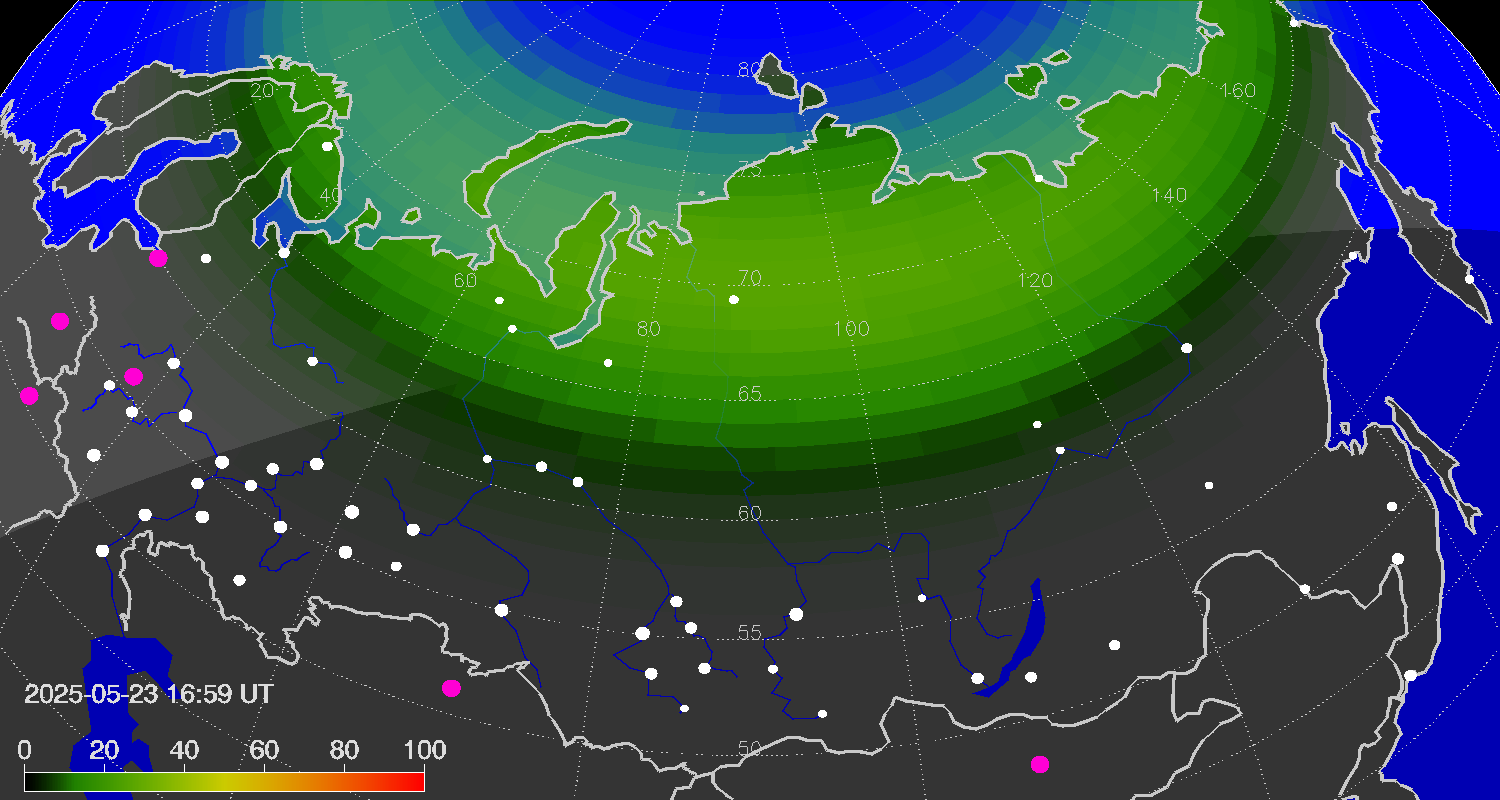 Northern lights (auroras) over Russian Federation