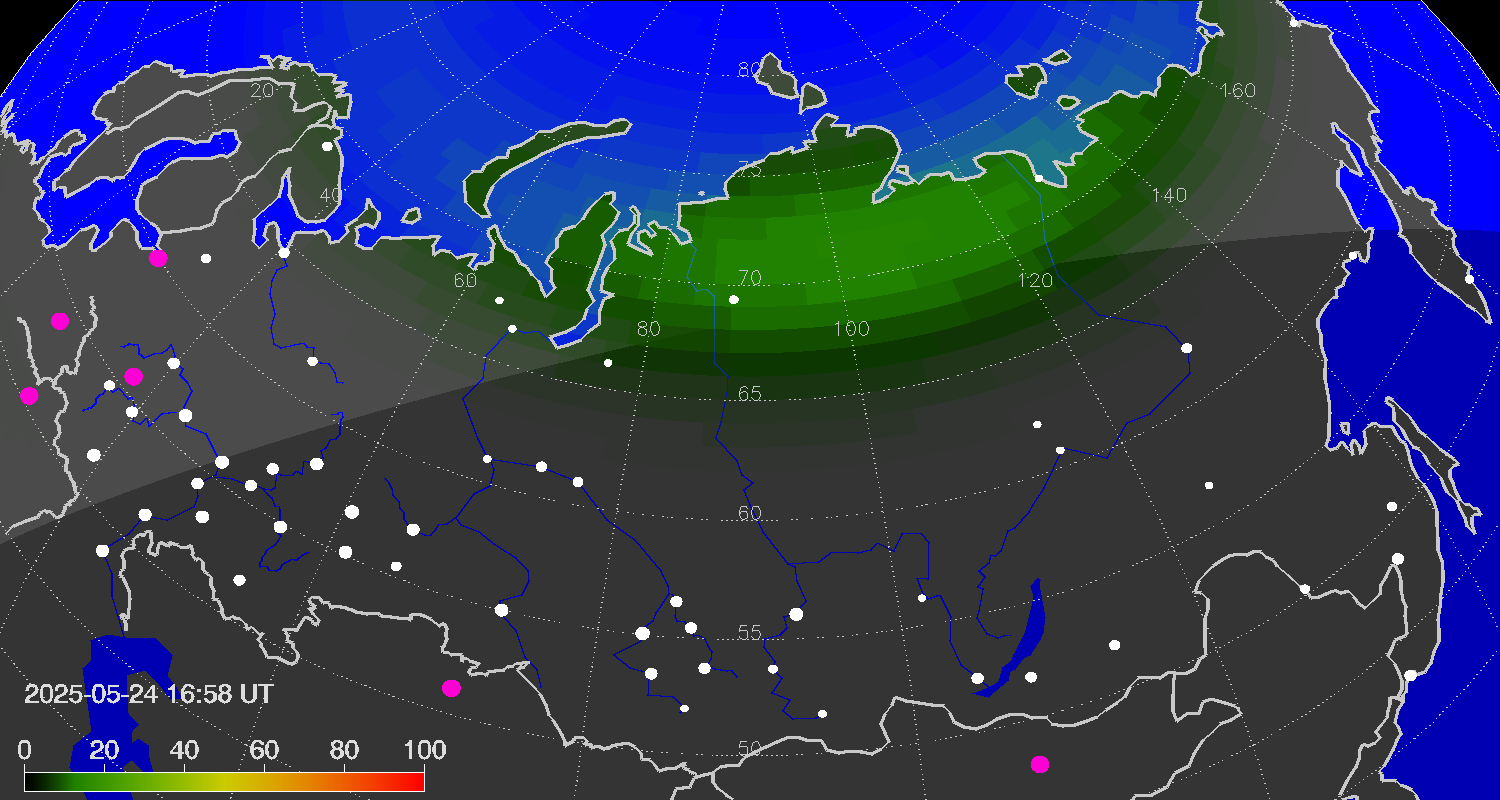 Northern lights (auroras) over Russian Federation