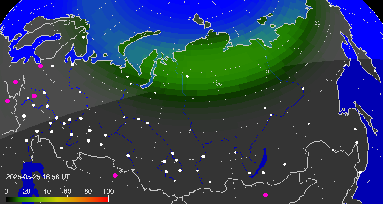 Northern lights (auroras) over Russian Federation