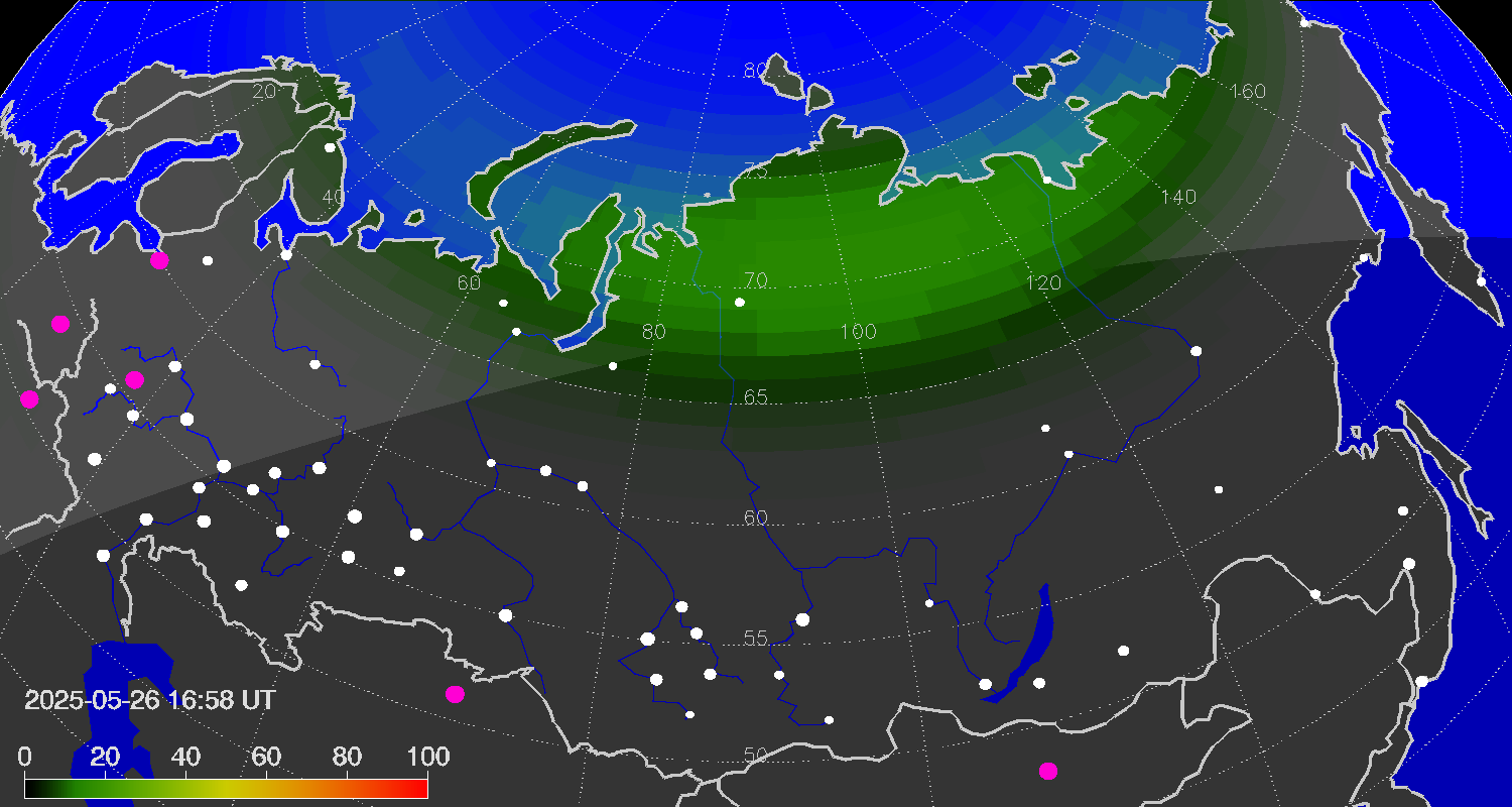 Northern lights (auroras) over Russian Federation