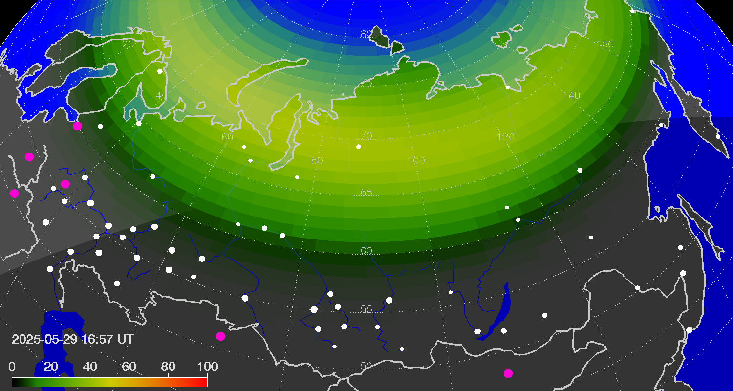 Northern lights (auroras) over Russian Federation