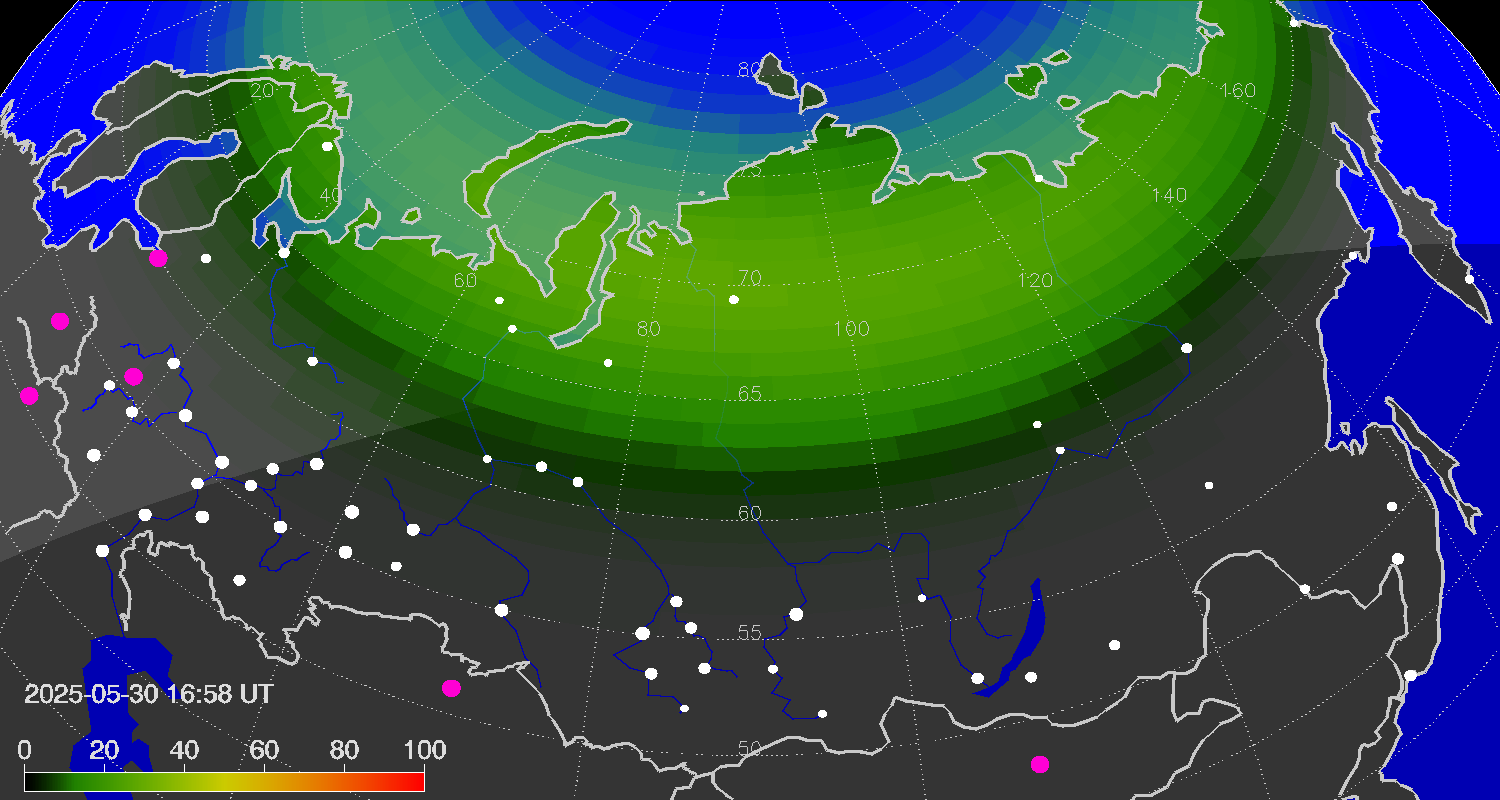 Northern lights (auroras) over Russian Federation