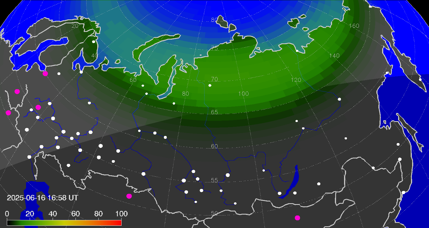 Northern lights (auroras) over Russian Federation