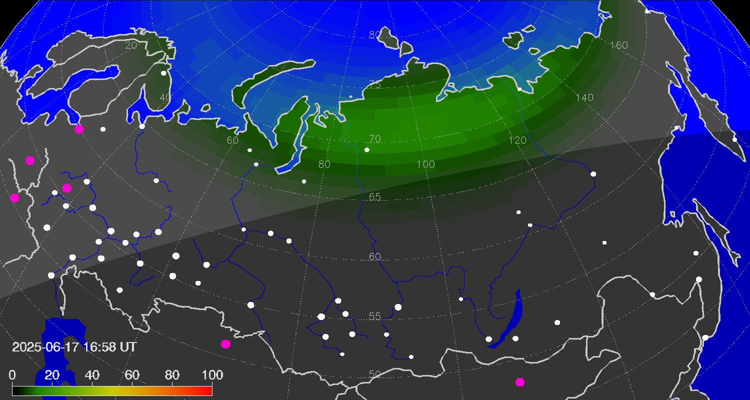Northern lights (auroras) over Russian Federation