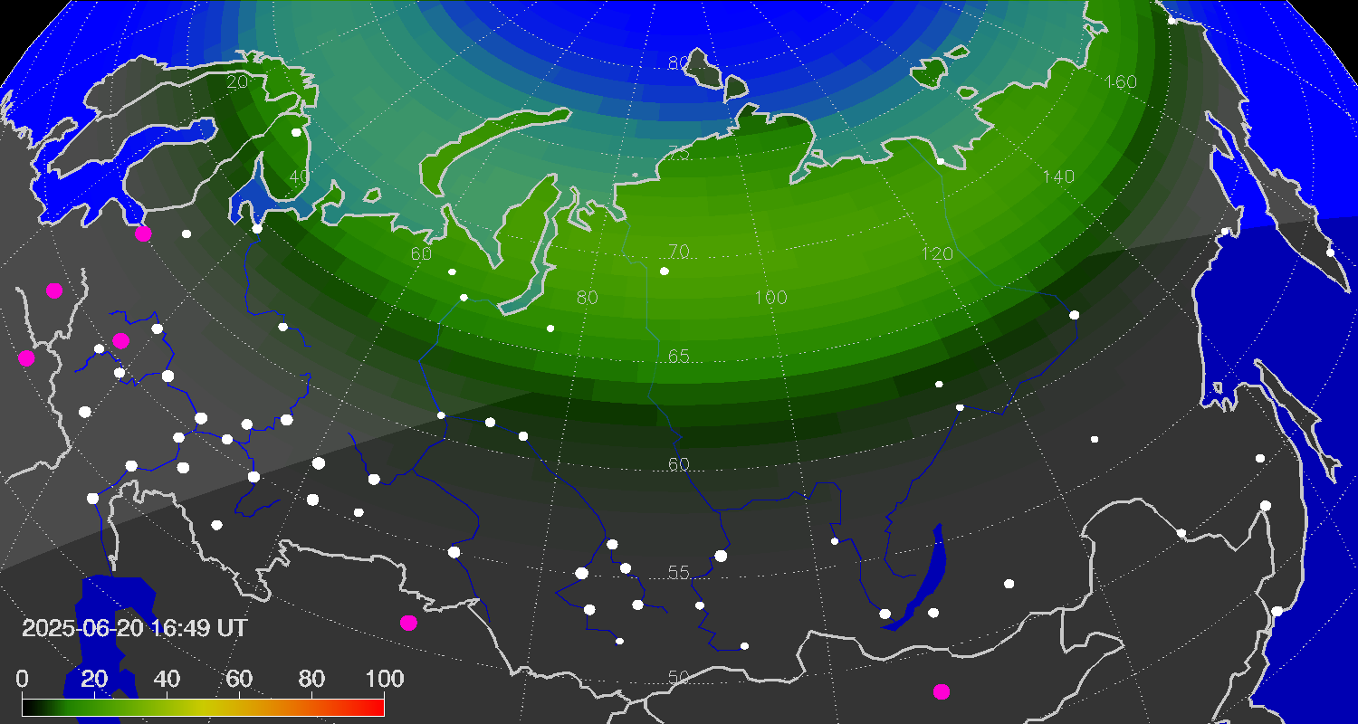 Northern lights (auroras) over Russian Federation