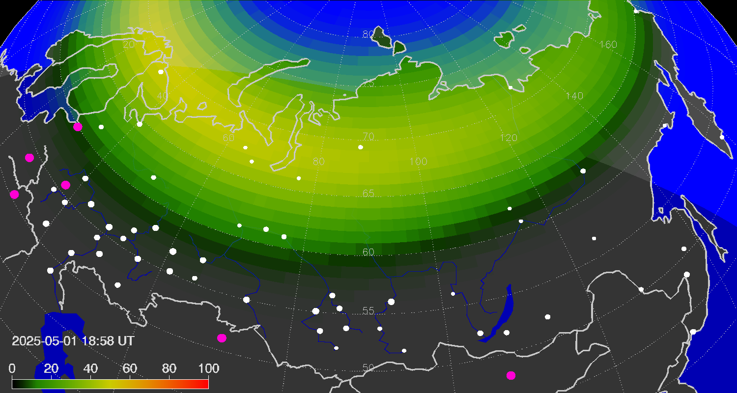 Northern lights (auroras) over Russian Federation