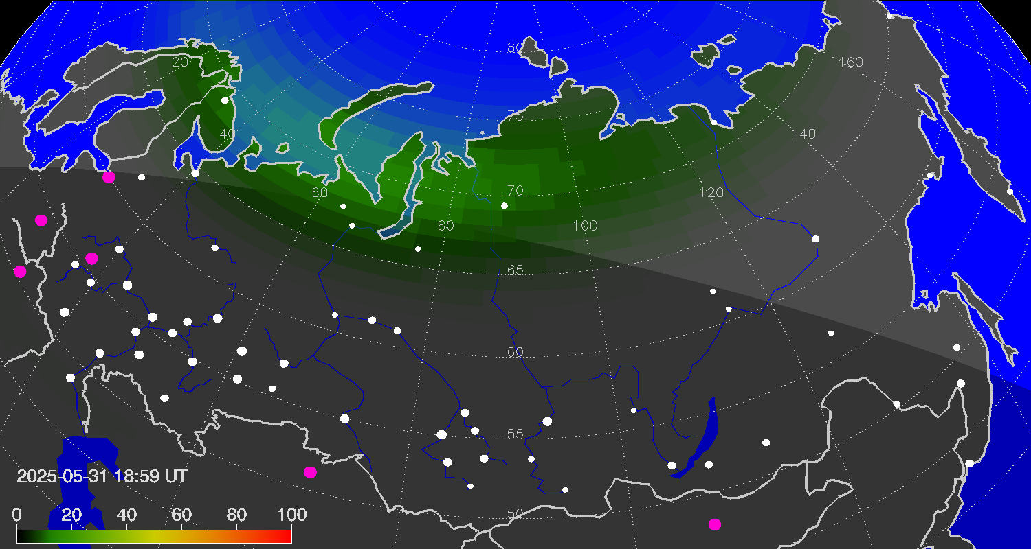 Northern lights (auroras) over Russian Federation