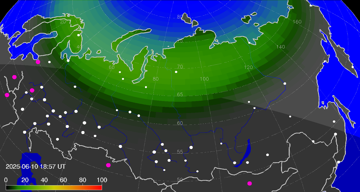 Northern lights (auroras) over Russian Federation