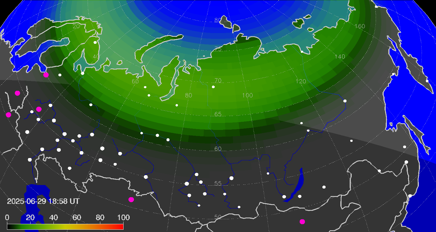 Northern lights (auroras) over Russian Federation