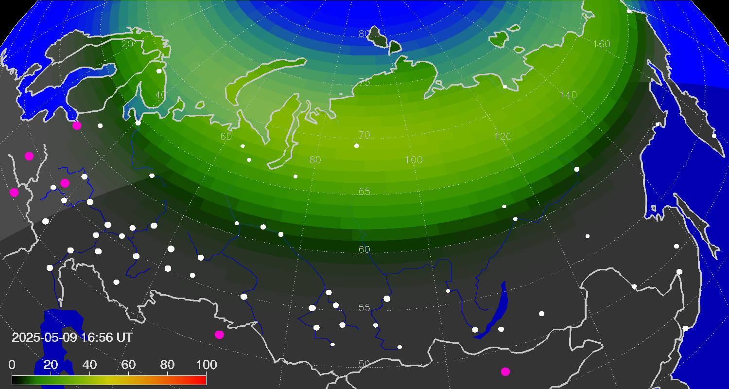 Northern lights (auroras) over Russian Federation
