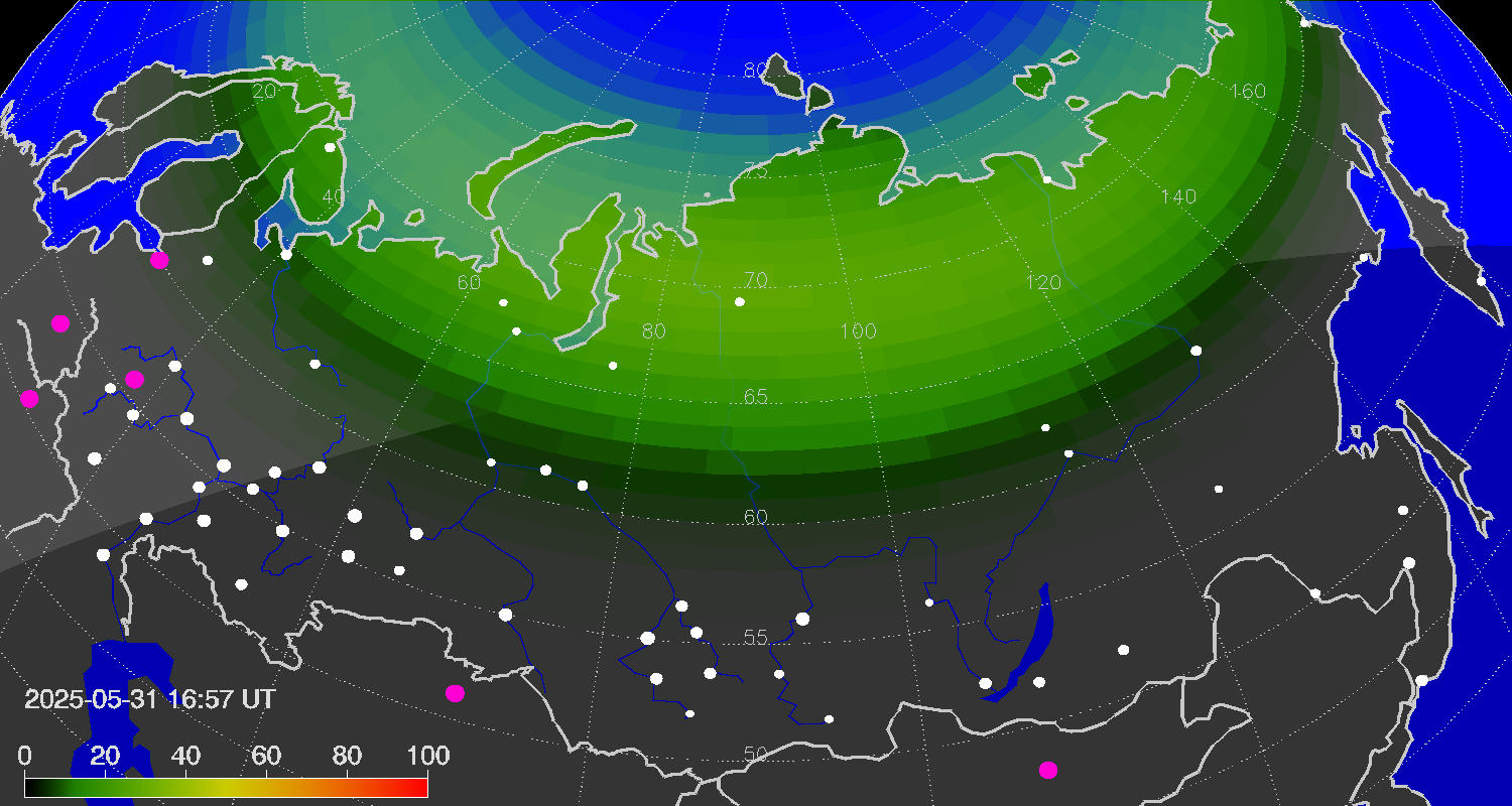 Northern lights (auroras) over Russian Federation