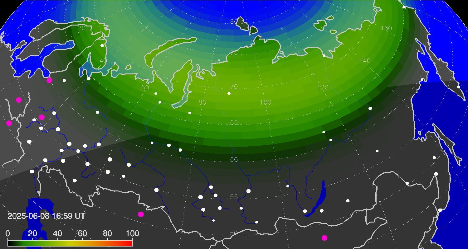 Northern lights (auroras) over Russian Federation