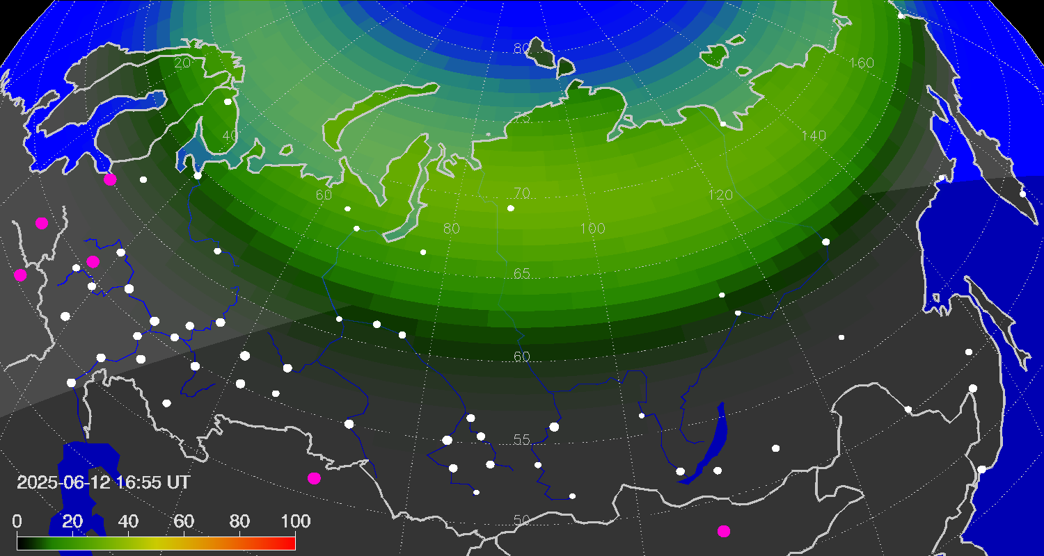 Northern lights (auroras) over Russian Federation