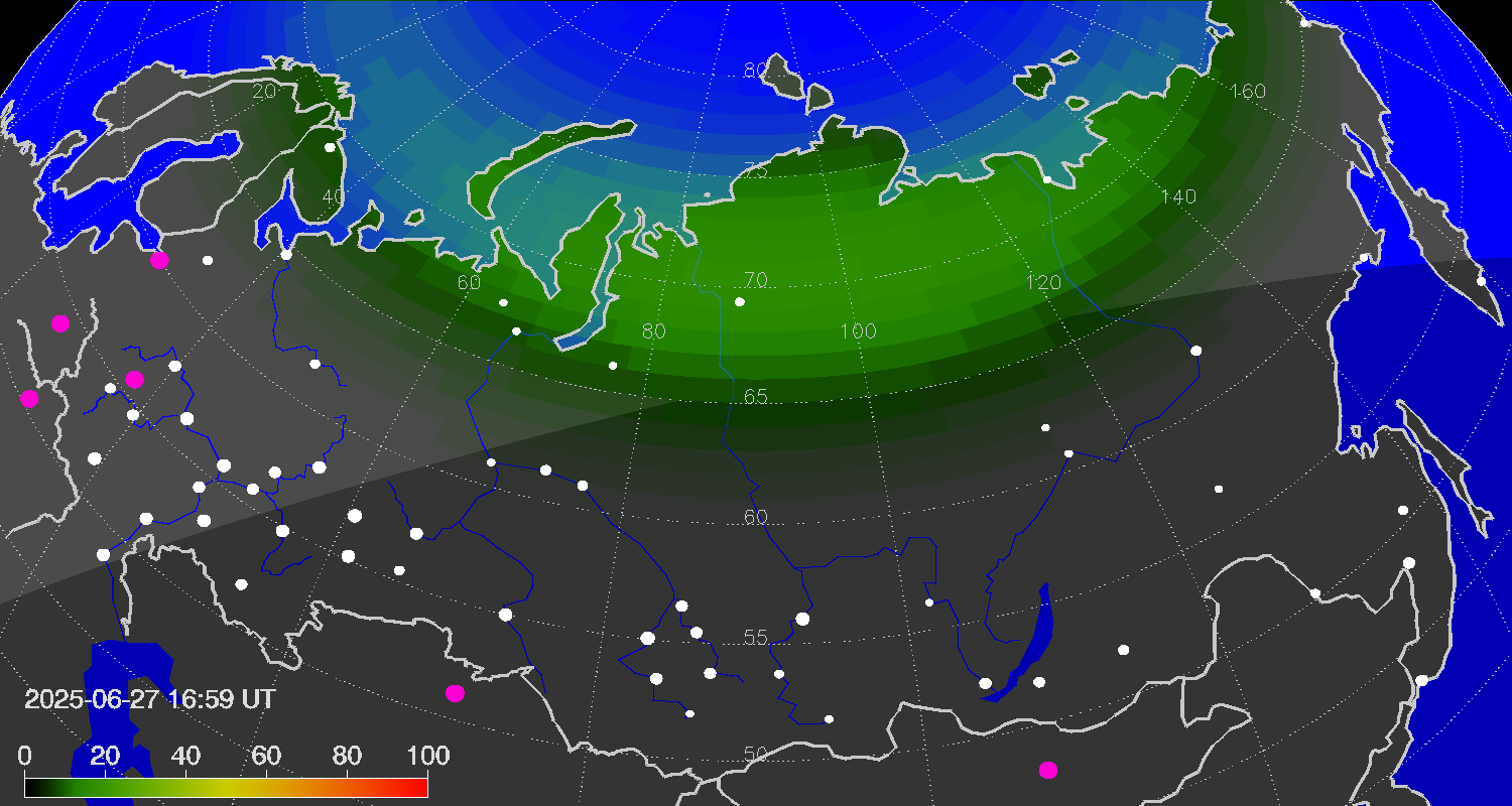 Northern lights (auroras) over Russian Federation