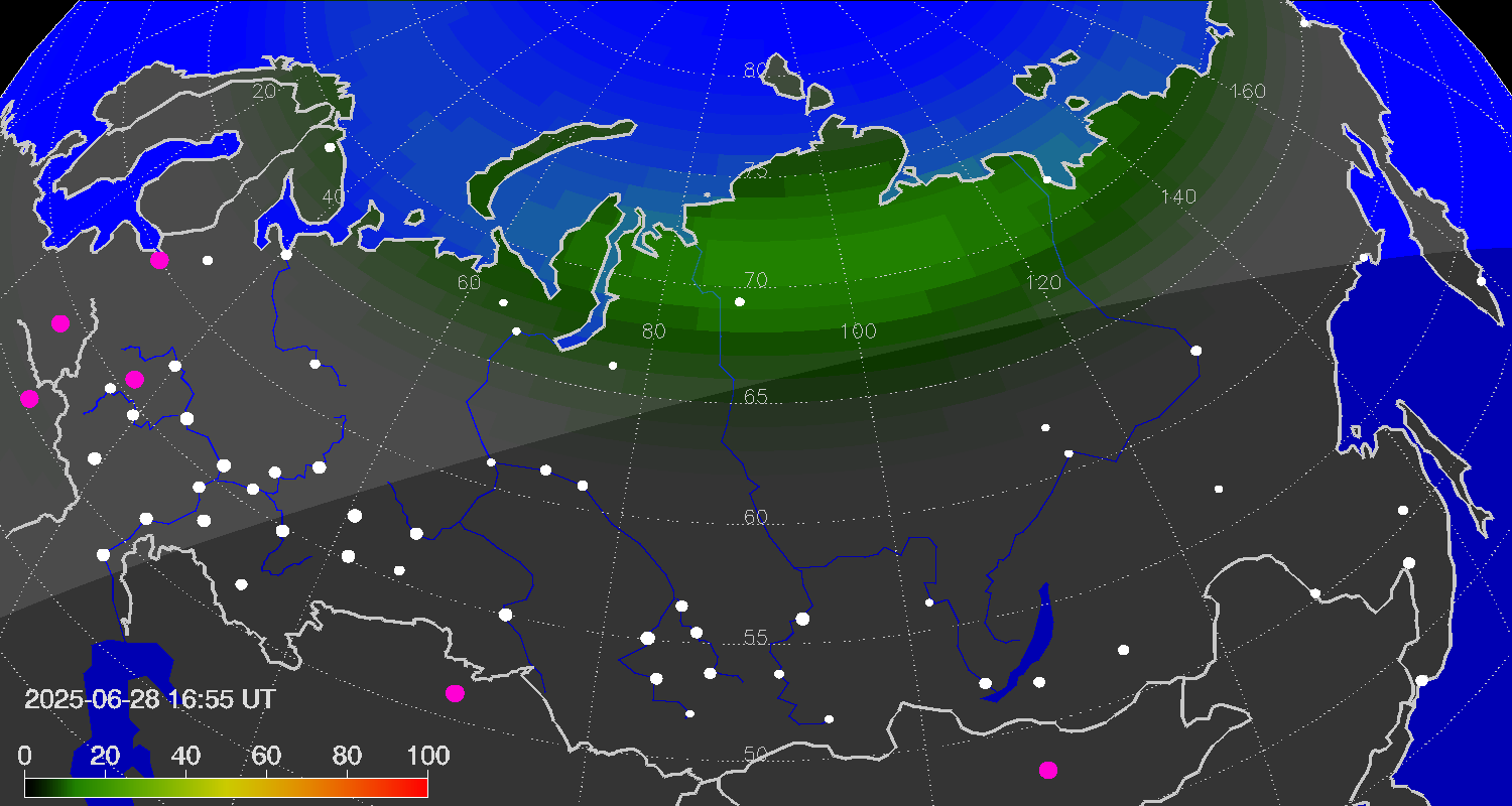 Northern lights (auroras) over Russian Federation