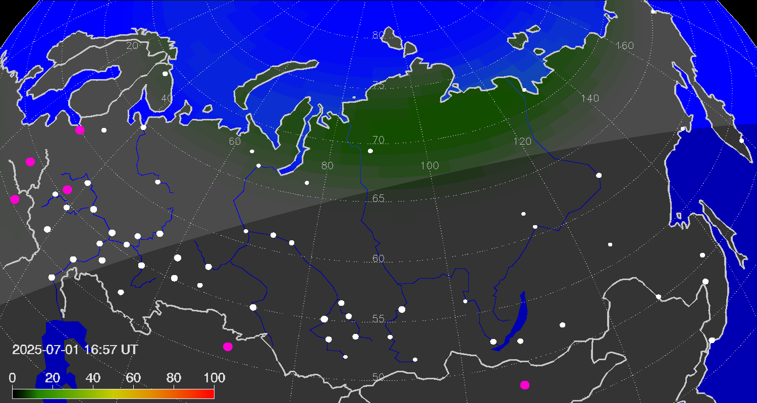 Northern lights (auroras) over Russian Federation