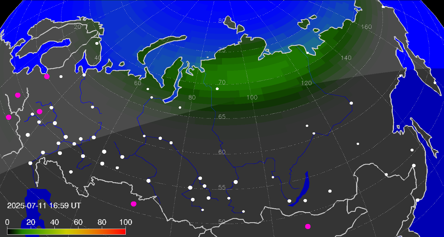 Northern lights (auroras) over Russian Federation