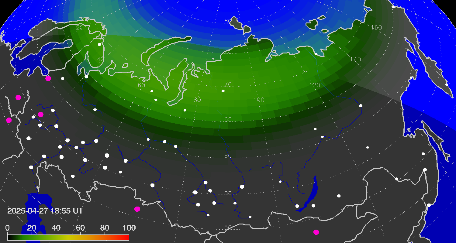 Northern lights (auroras) over Russian Federation