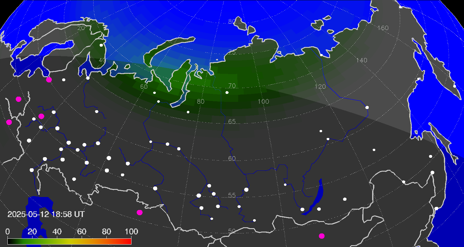 Northern lights (auroras) over Russian Federation