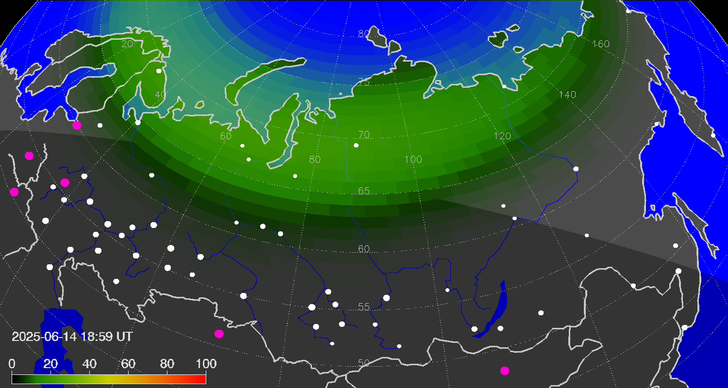 Northern lights (auroras) over Russian Federation