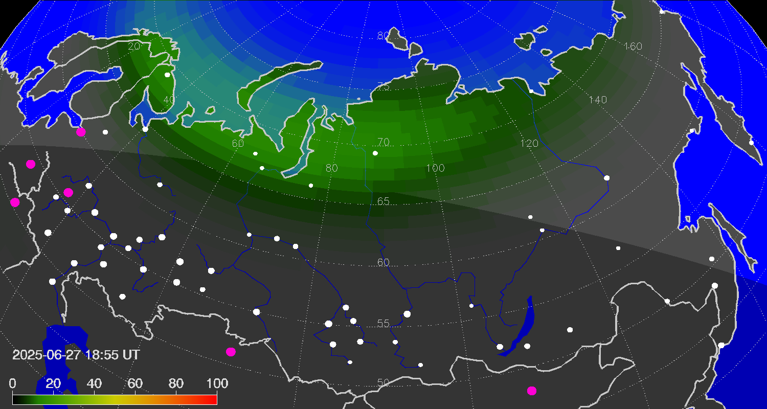 Northern lights (auroras) over Russian Federation