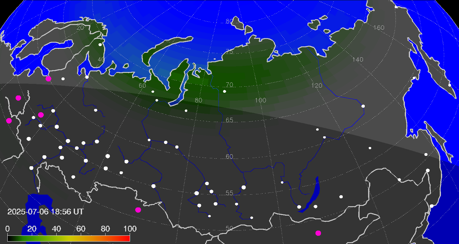 Northern lights (auroras) over Russian Federation
