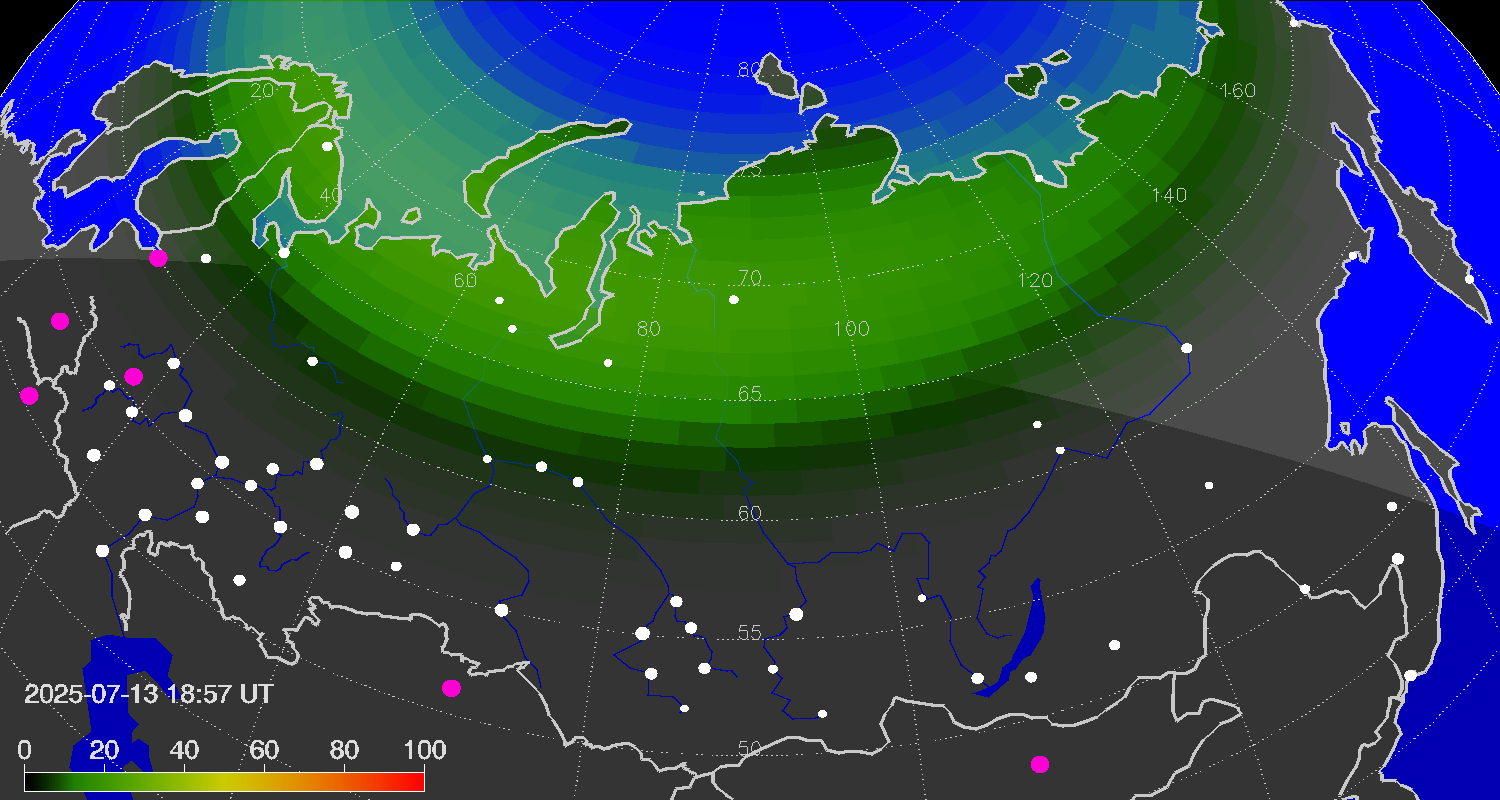 Northern lights (auroras) over Russian Federation
