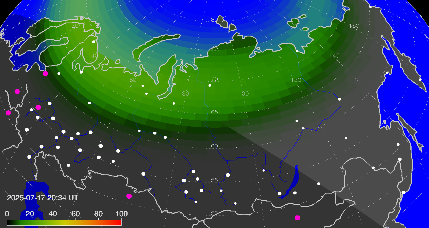 Northern lights (auroras) over Russian Federation