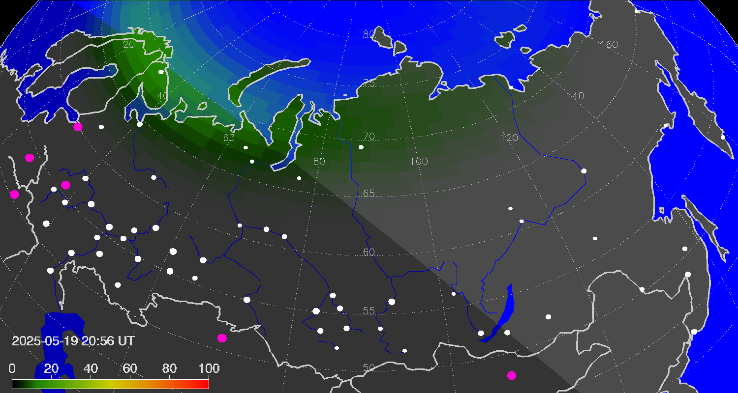 Northern lights (auroras) over Russian Federation