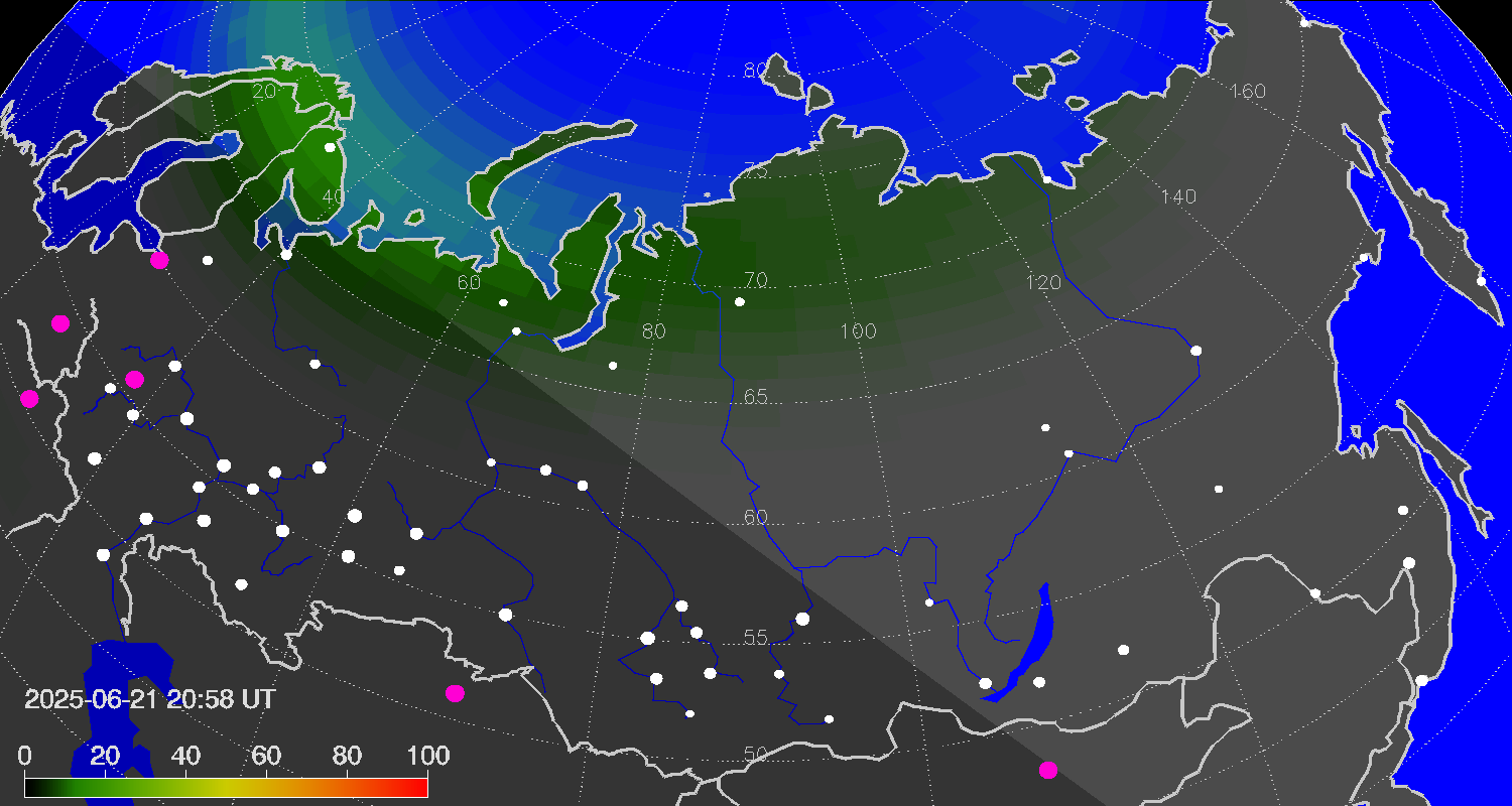 Northern lights (auroras) over Russian Federation