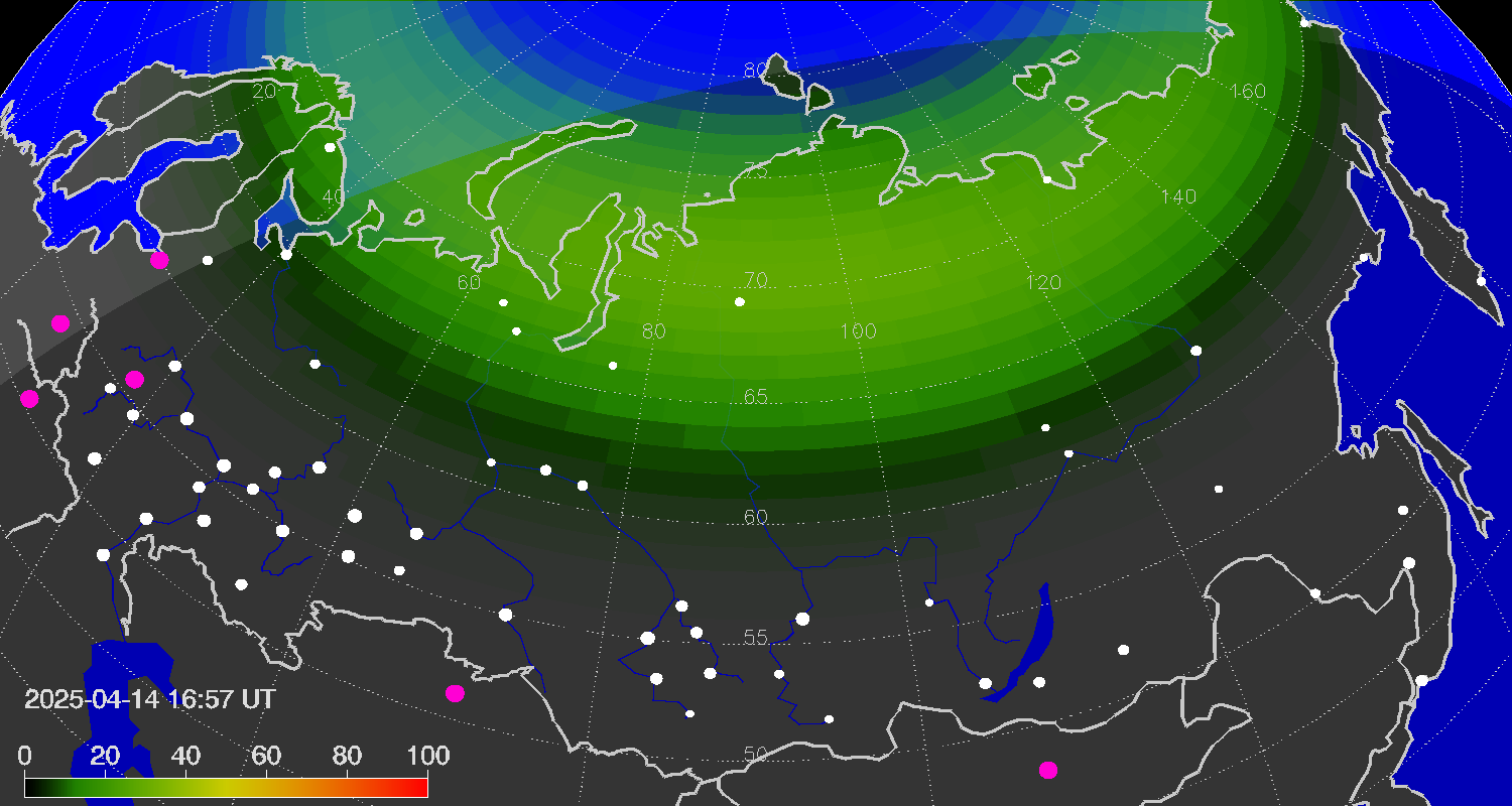 Northern lights (auroras) over Russian Federation