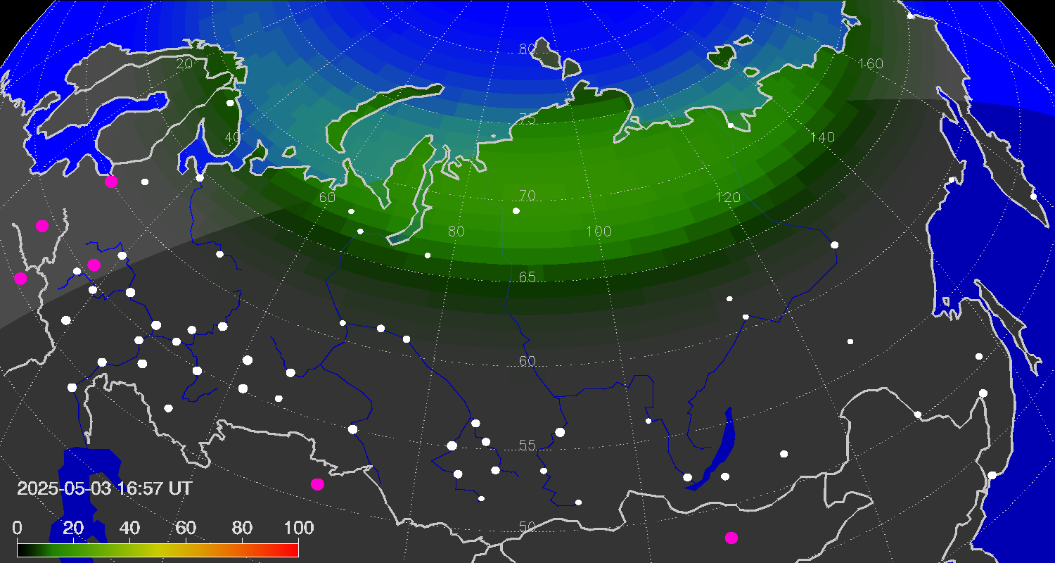Northern lights (auroras) over Russian Federation