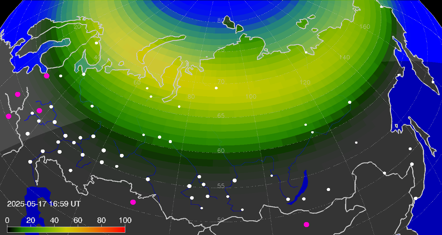Northern lights (auroras) over Russian Federation