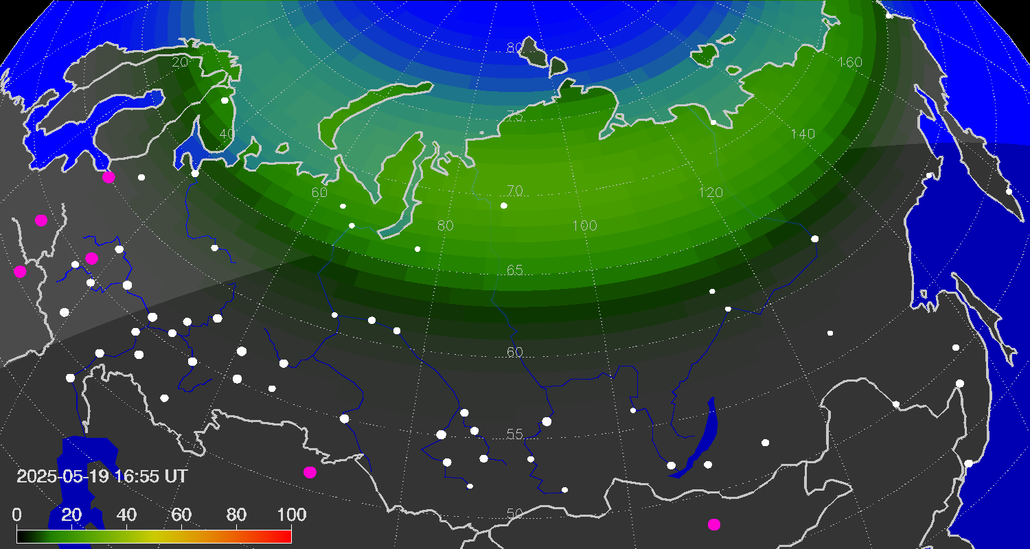 Northern lights (auroras) over Russian Federation