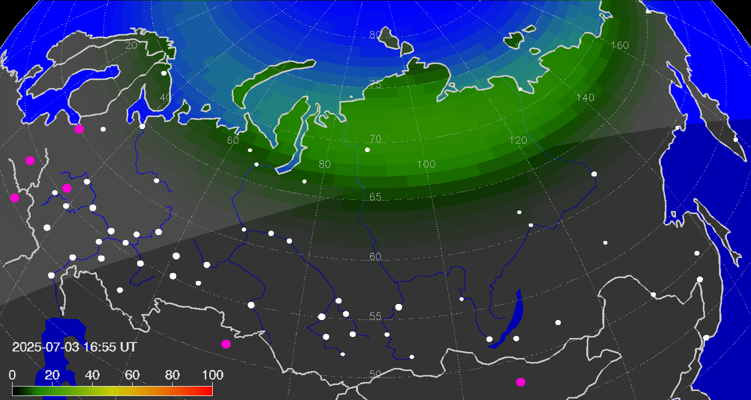 Northern lights (auroras) over Russian Federation