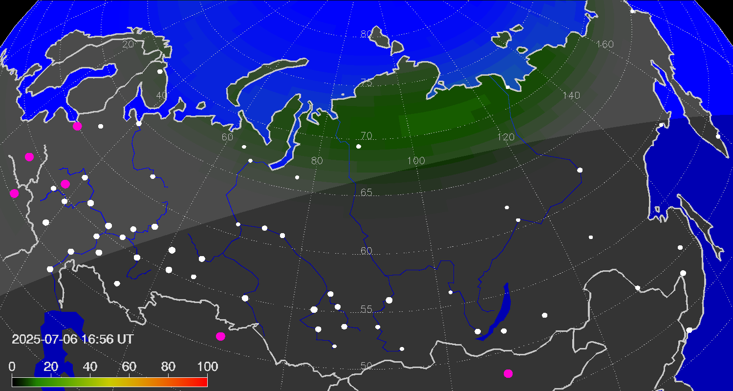 Northern lights (auroras) over Russian Federation