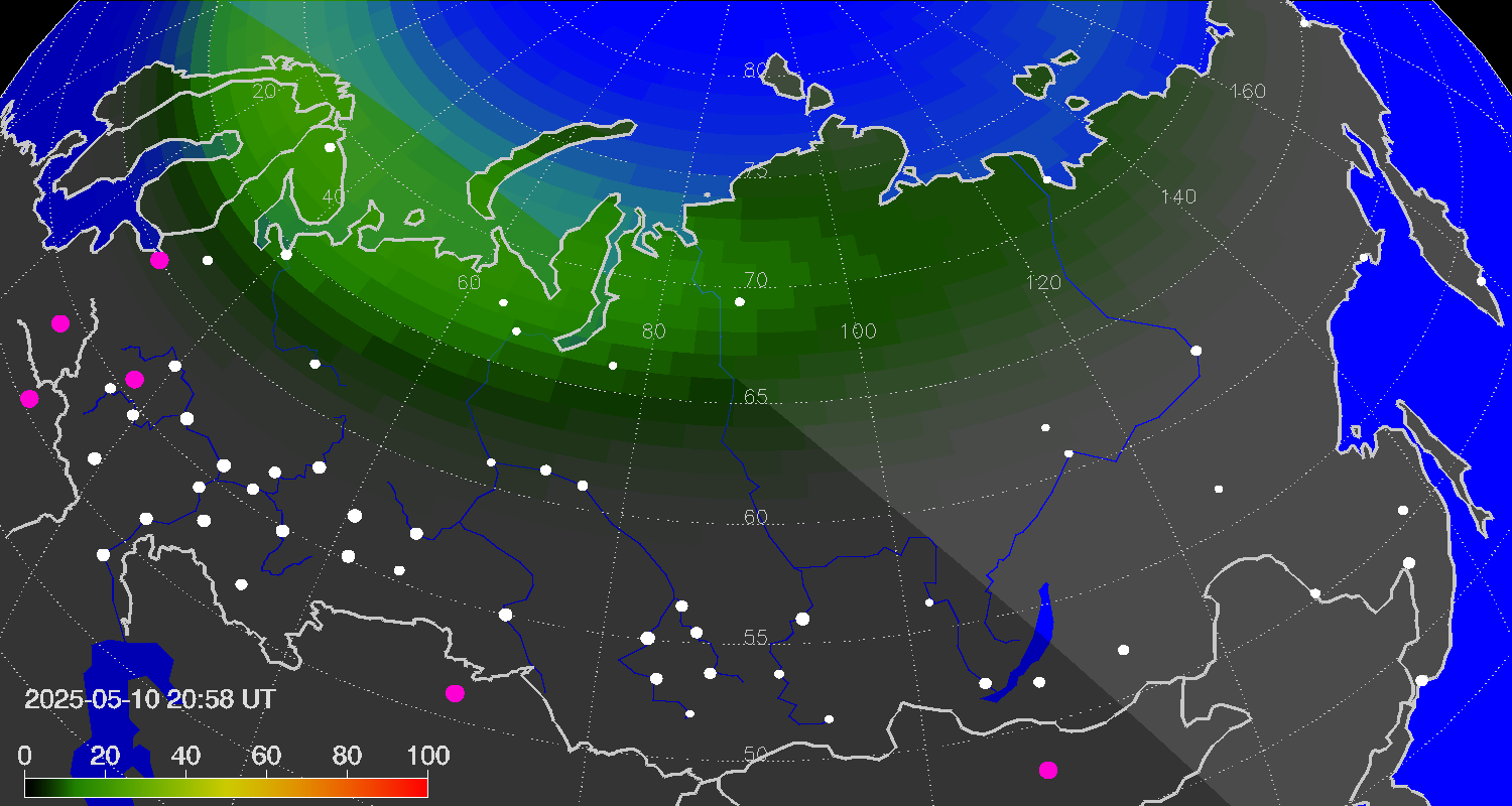 Northern lights (auroras) over Russian Federation