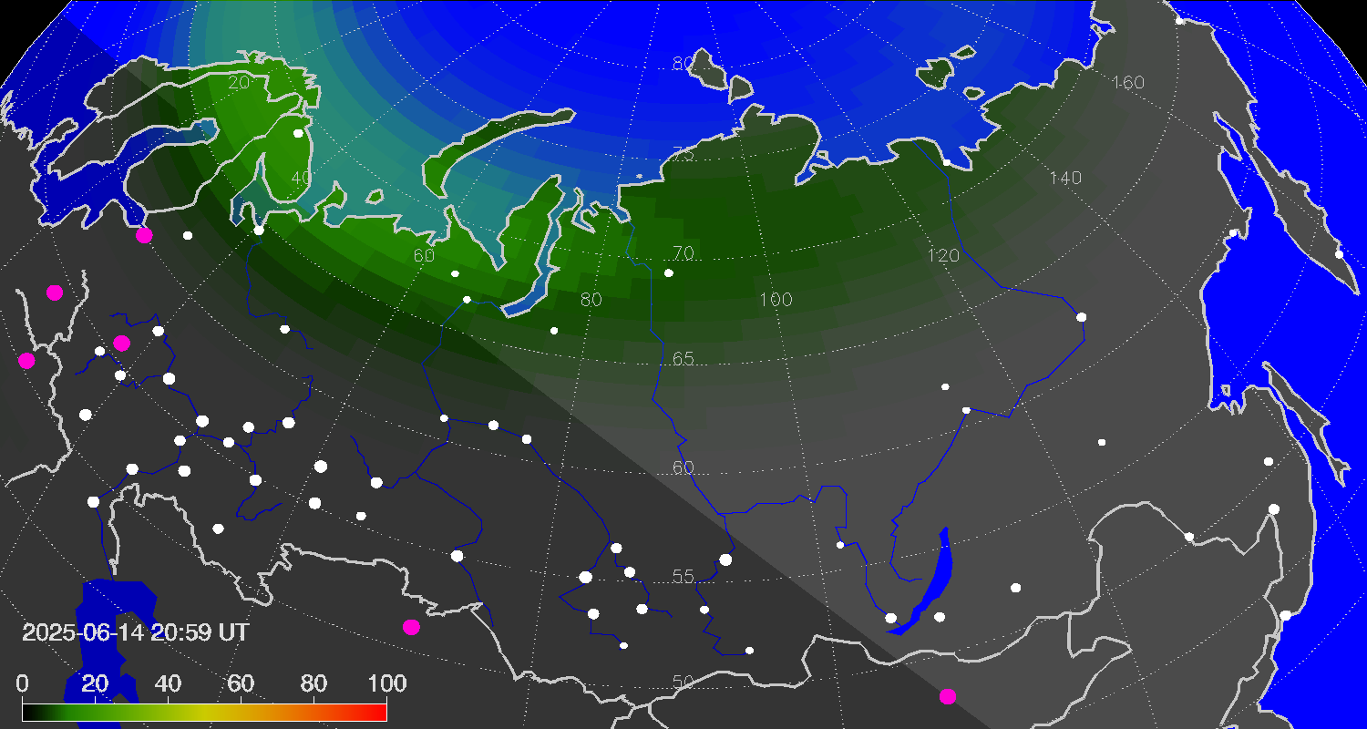 Northern lights (auroras) over Russian Federation