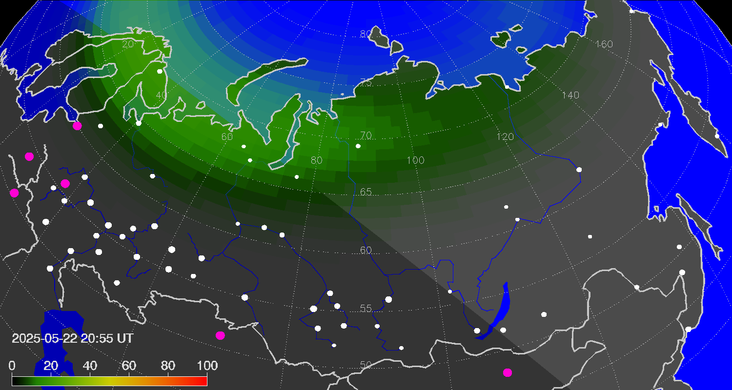 Northern lights (auroras) over Russian Federation