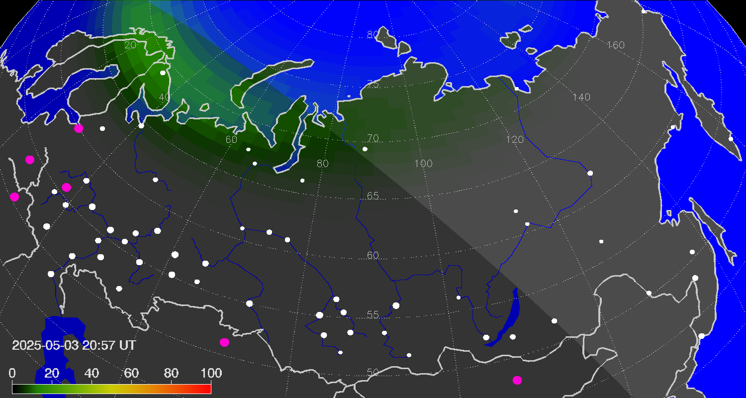 Northern lights (auroras) over Russian Federation