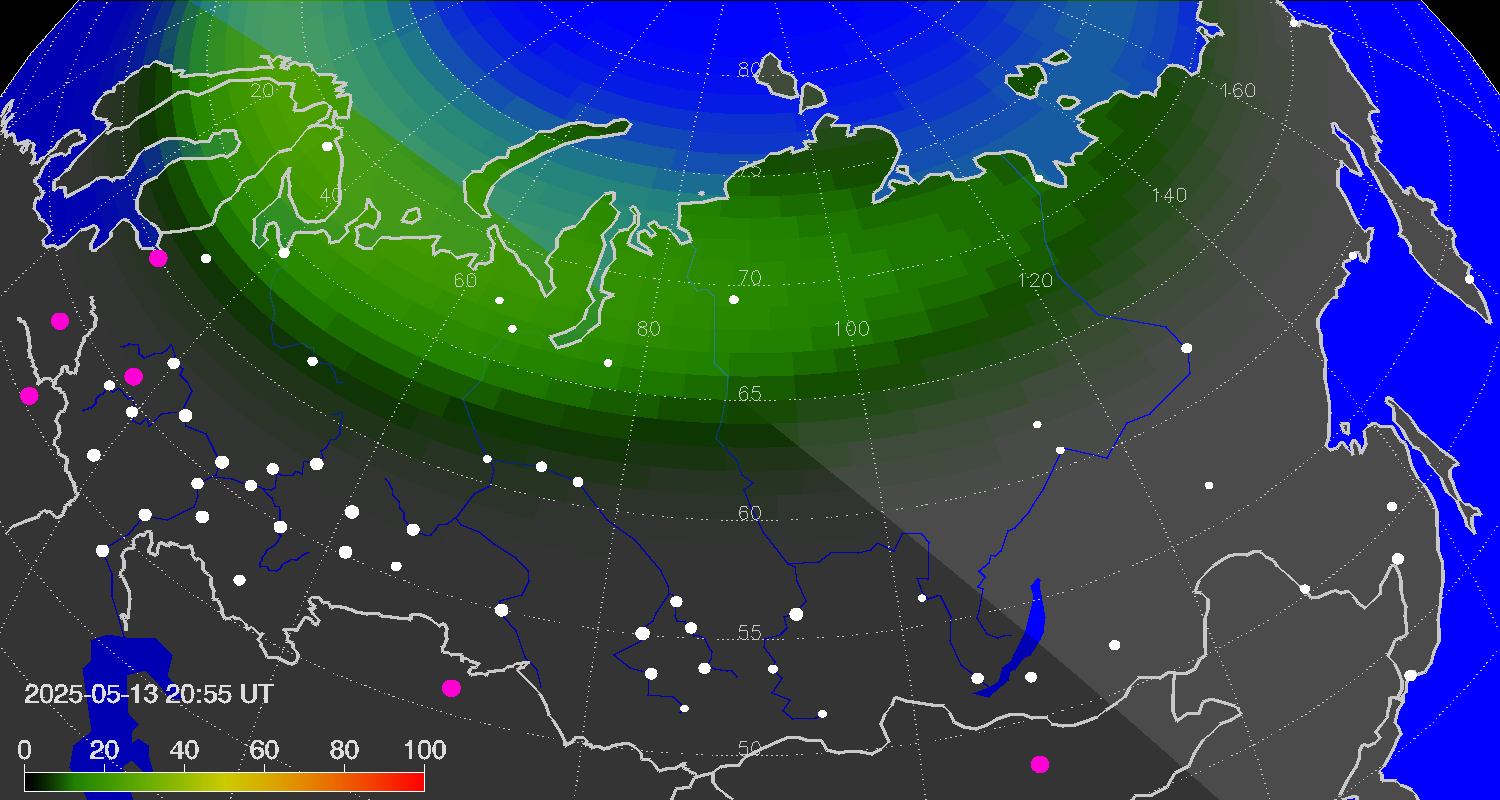 Northern lights (auroras) over Russian Federation