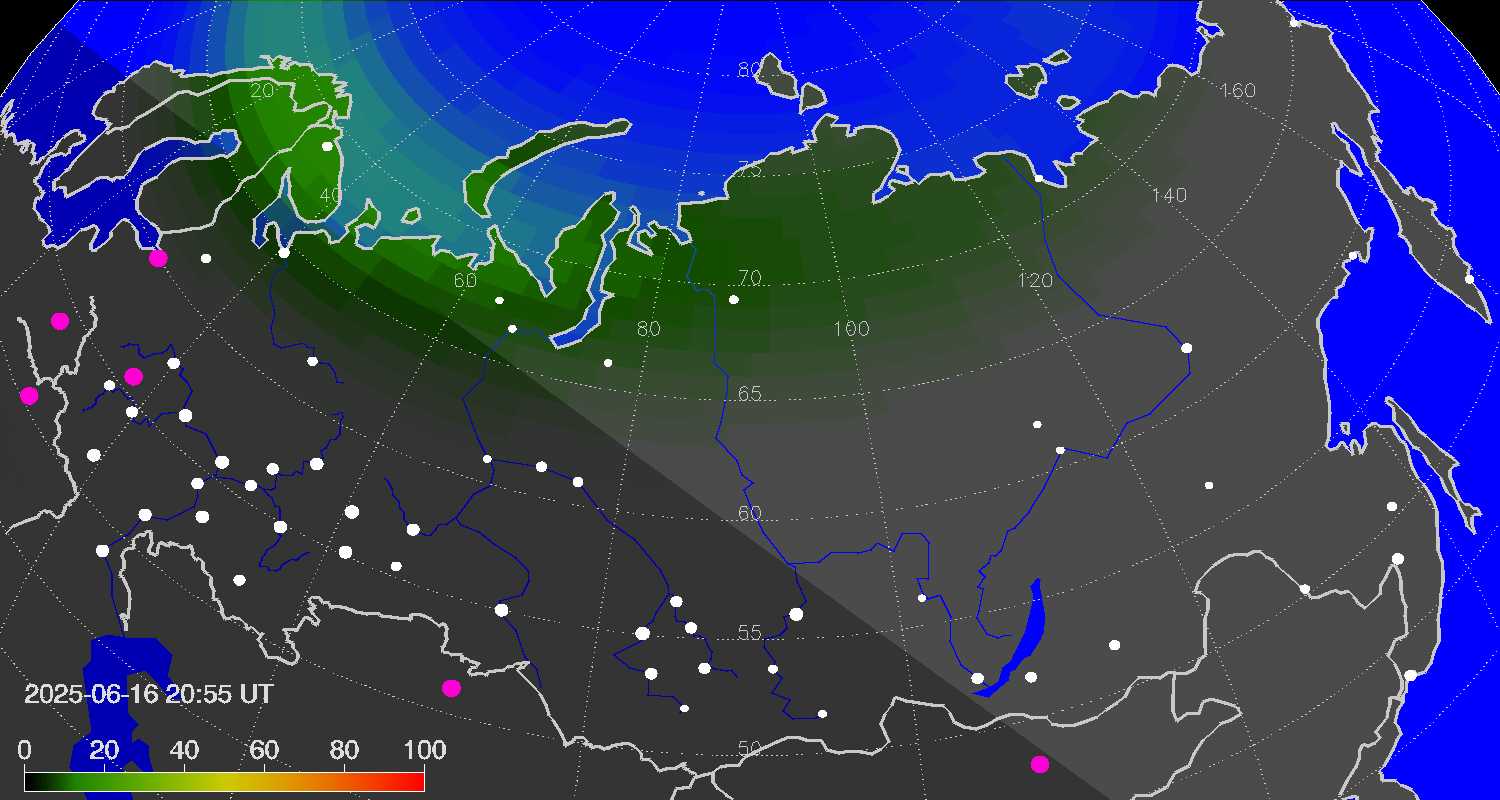 Northern lights (auroras) over Russian Federation
