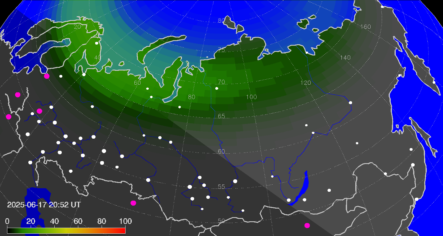 Northern lights (auroras) over Russian Federation