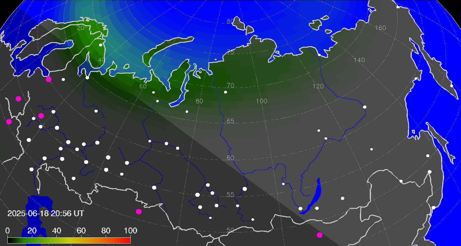 Northern lights (auroras) over Russian Federation