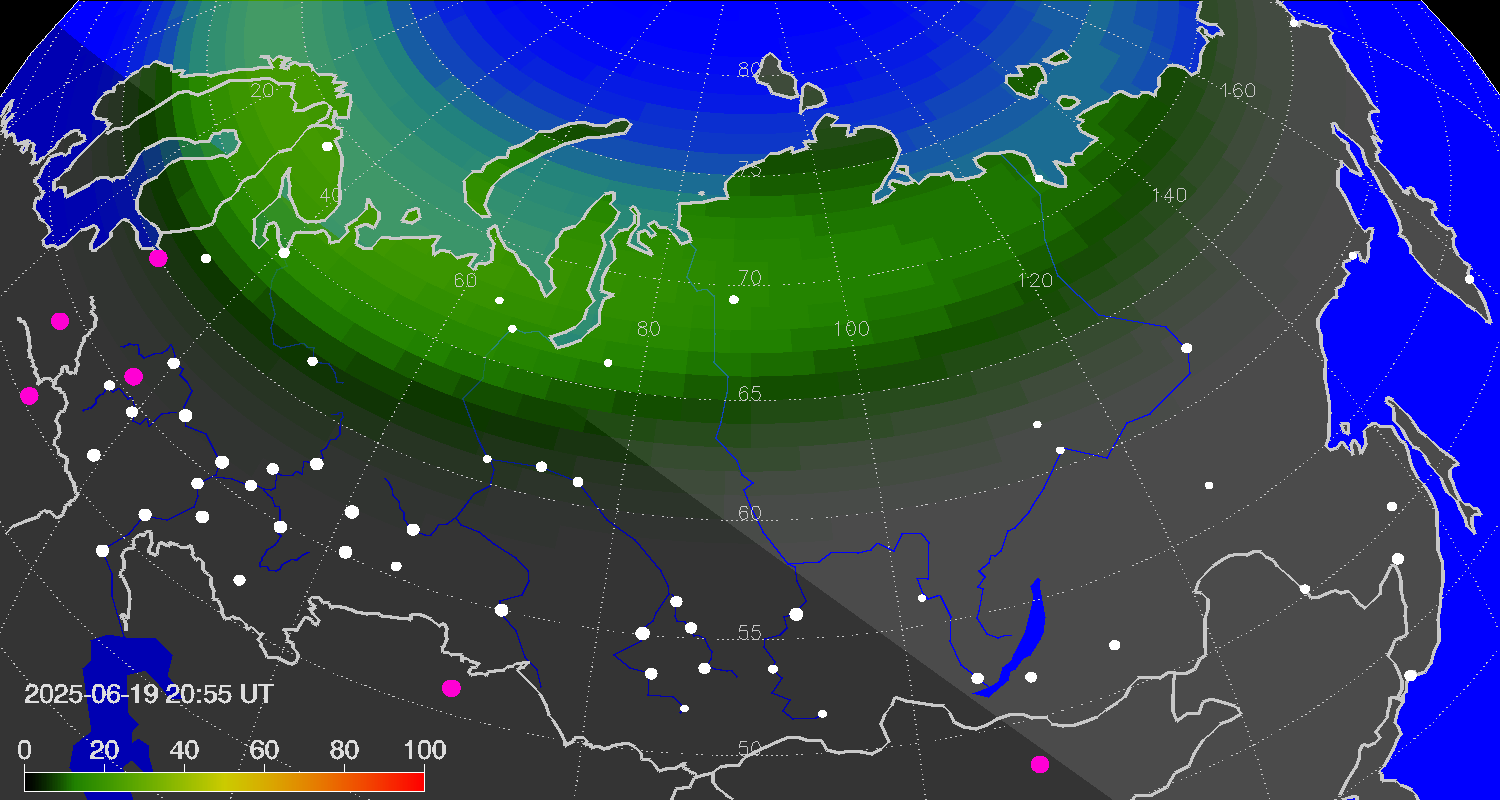 Northern lights (auroras) over Russian Federation