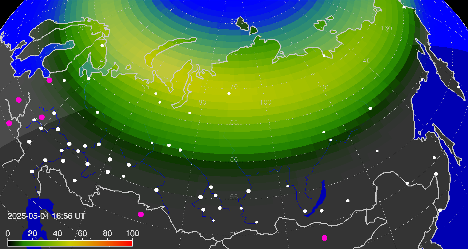 Northern lights (auroras) over Russian Federation