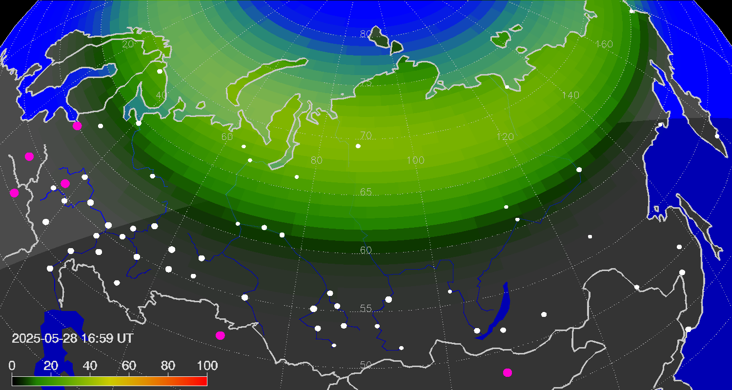 Northern lights (auroras) over Russian Federation