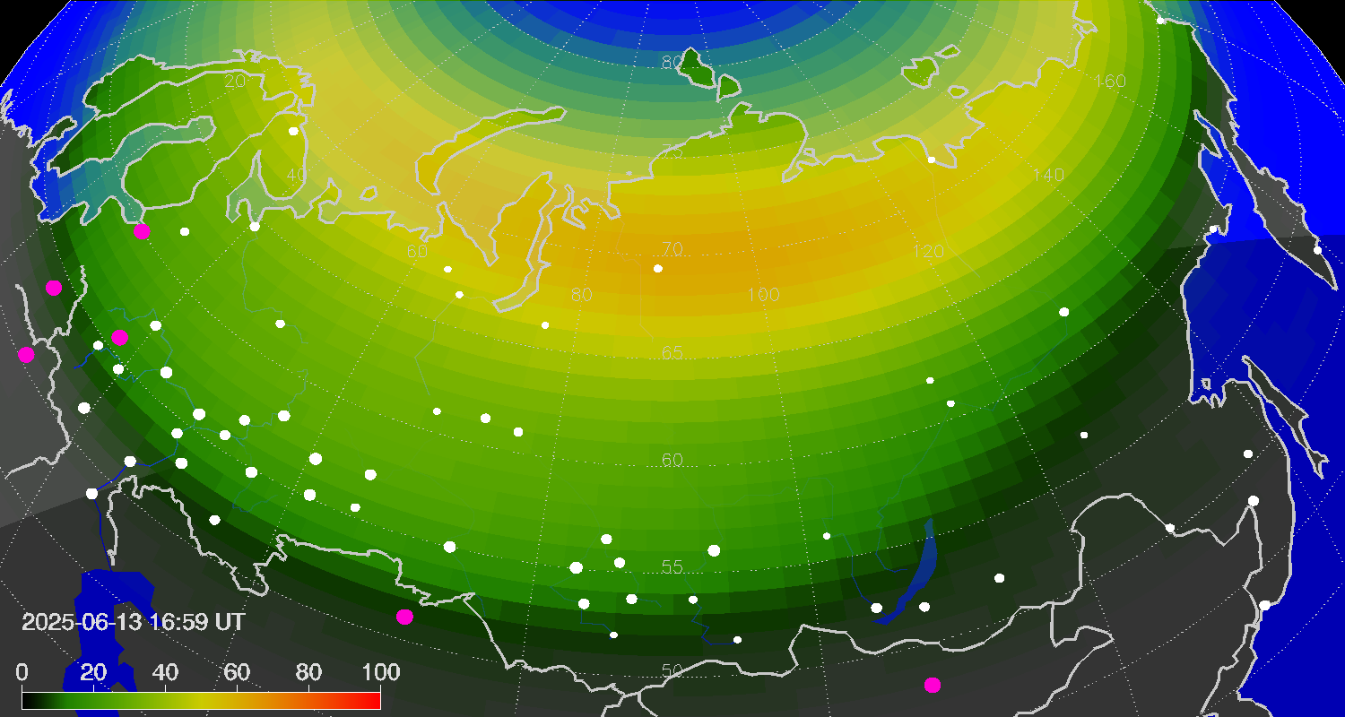 Northern lights (auroras) over Russian Federation