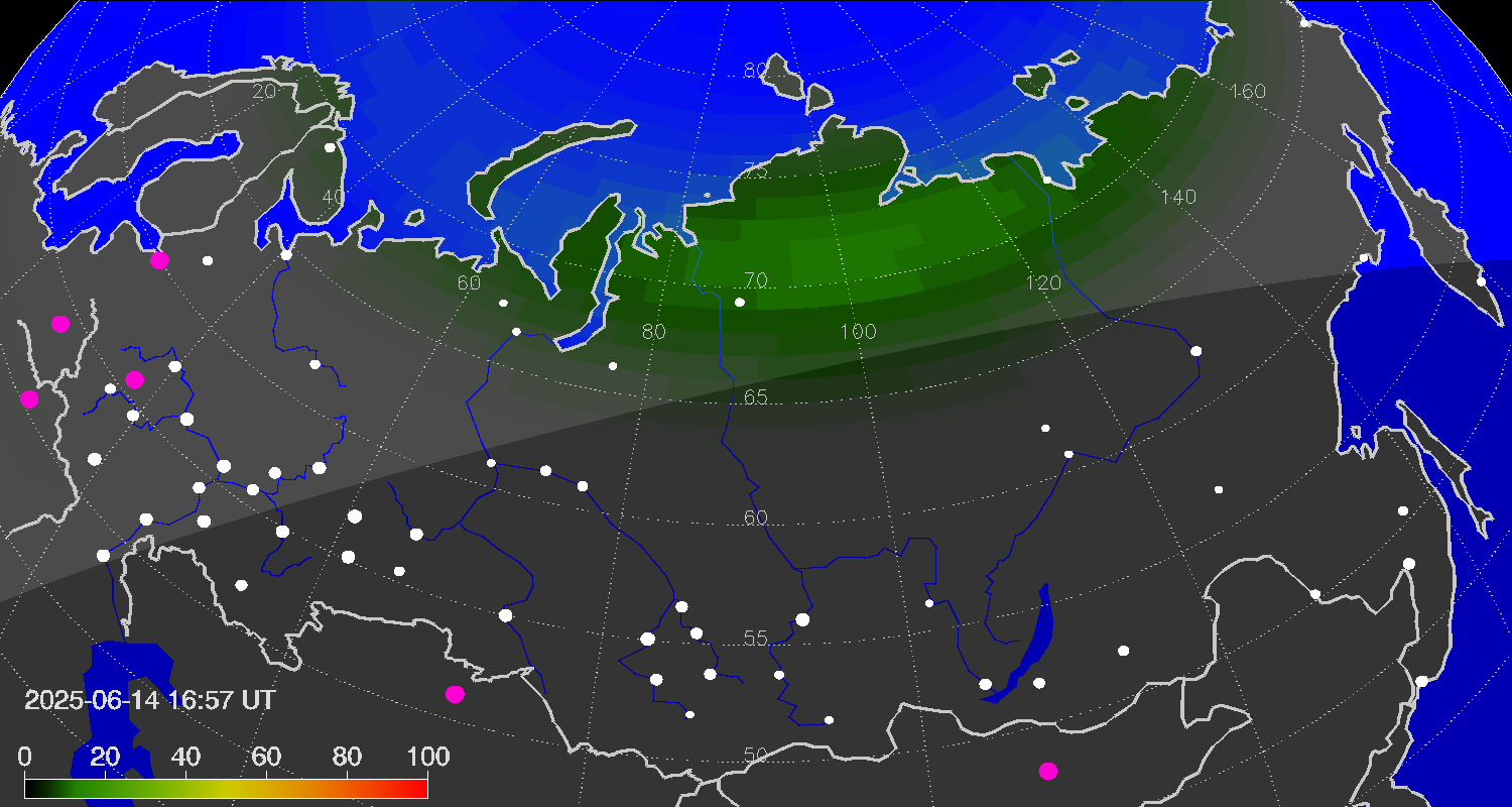 Northern lights (auroras) over Russian Federation