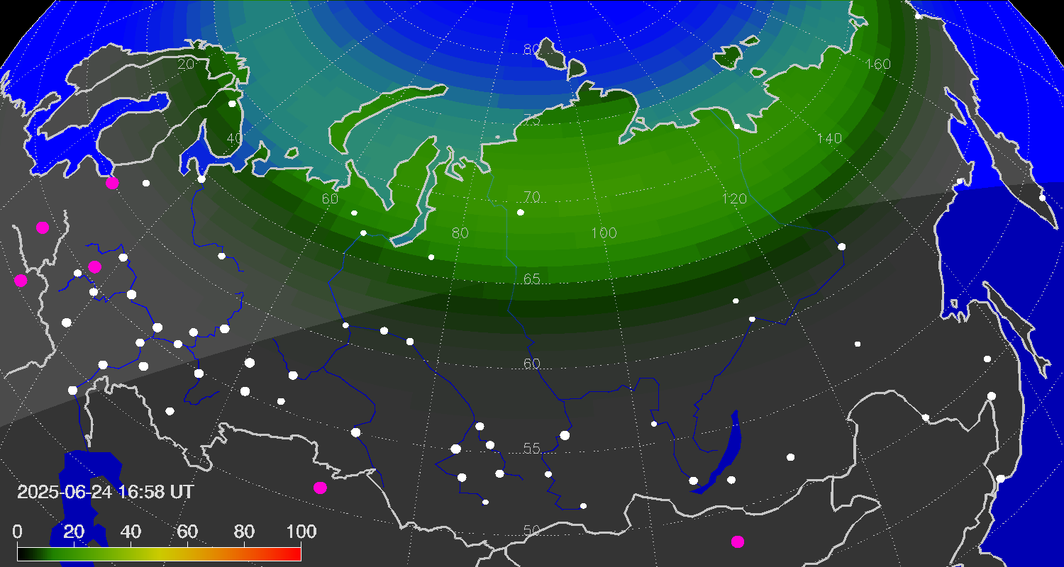 Northern lights (auroras) over Russian Federation